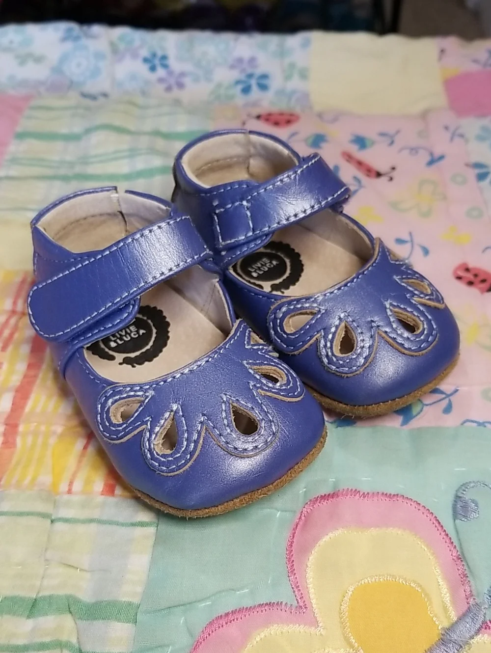 Livie & Luca Blue Leather Mary Jane Baby Shoes with Cutout Petals 0-6 Months